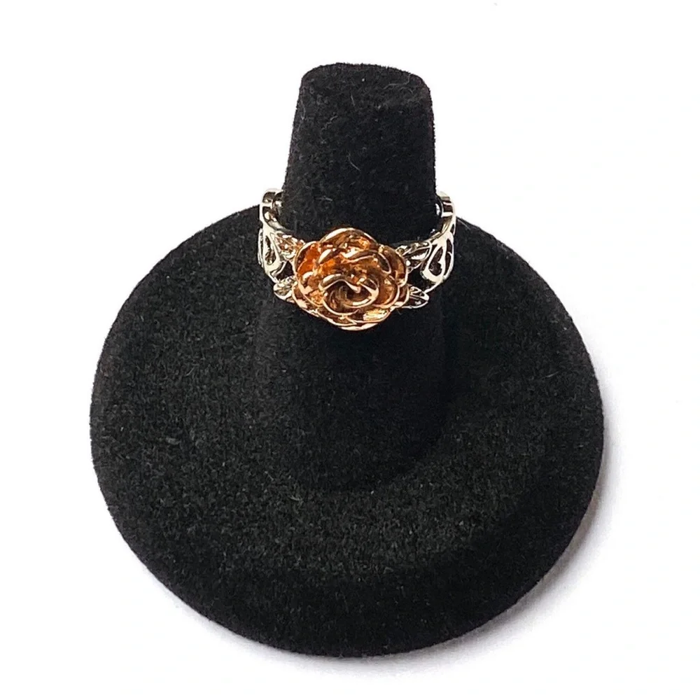 Sterling Silver Rose Ring Rose Gold Plated Flower Open Scrollwork Size 6 1/2